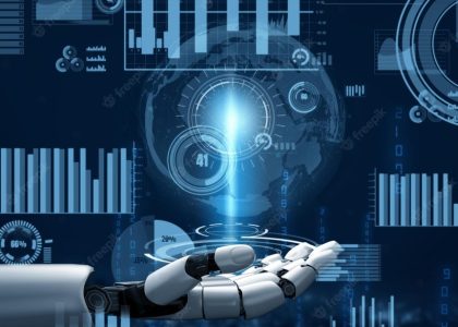 a robot is holding a hand in front of a digital background