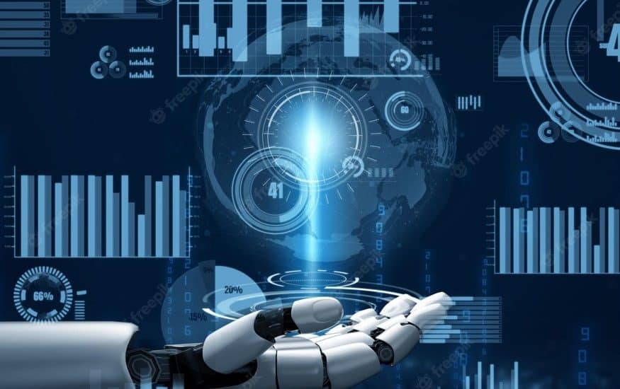 a robot is holding a hand in front of a digital background